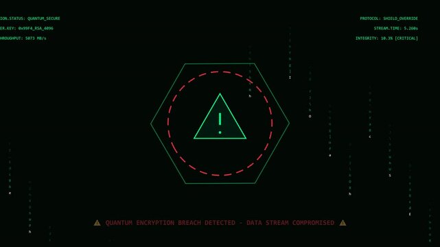 dark digital interface displays a critical warning about a quantum encryption breach and compromised data stream, featuring glowing red symbols and telemetry text.