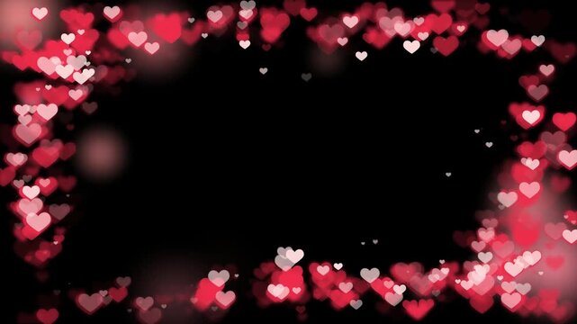 Two glowing hearts with sparkling trails and a border of red bokeh hearts on a black background with heart shapes shimmering