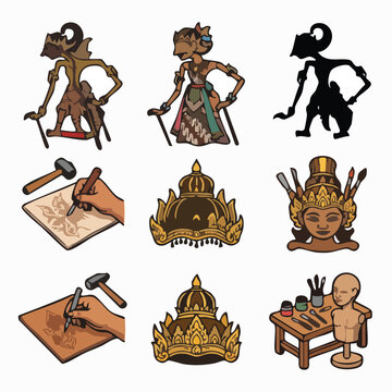 Indonesian craft vector set featuring wayang kulit shadow puppets, traditional Balinese wood carving process, hand-carved headdress, and puppet maker tools.