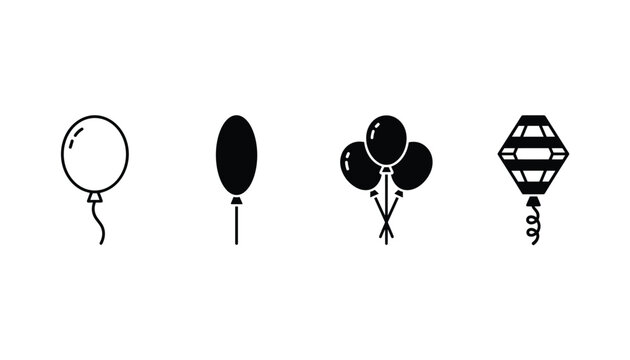 Collection of four distinct balloon icons in black and white line and solid styles for festive party and event designs.