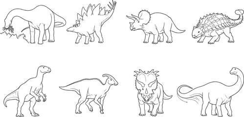 Outlined Dinosaur Illustrations Collection Featuring Sauropods, Stegosaurus, Triceratops, and Other Prehistoric Species © MstMasuda