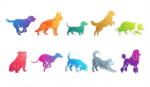 Dynamic dog breed silhouettes in colorful gradient vector collection