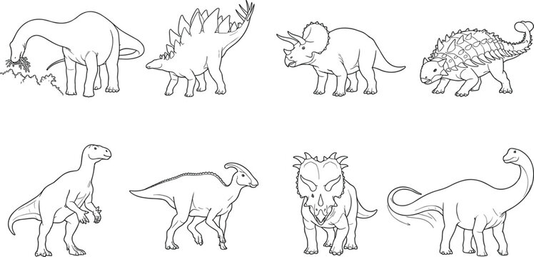 Outlined Dinosaur Illustrations Collection Featuring Sauropods, Stegosaurus, Triceratops, and Other Prehistoric Species