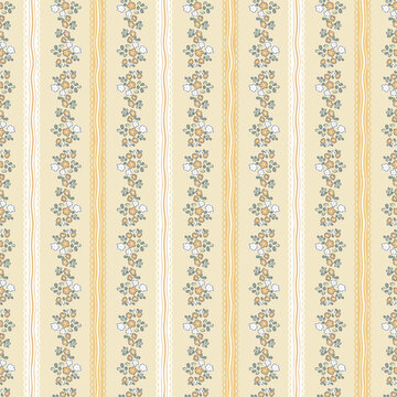 Yellow floral seamless pattern background with vertical flower stripes and lace vector illustration for baby shower, pastel fabric design, wrapping paper, wallpaper, textile and greeting cards