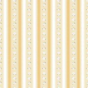 Yellow floral seamless pattern background with vertical flower stripes and lace vector illustration for baby shower, pastel fabric design, wrapping paper, wallpaper, textile and greeting cards