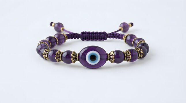 Purple gemstone bead bracelet with a central evil eye charm, isolated on white background