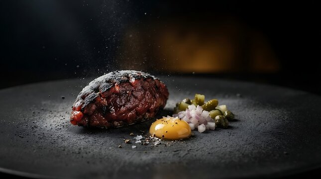 Gourmet beef tartare served with a raw egg yolk and capers on a dark stone plate