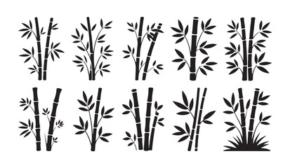 Fototapeta premium Black bamboo silhouette collection includes diverse stalk and leaf arrangements on a transparent backdrop.