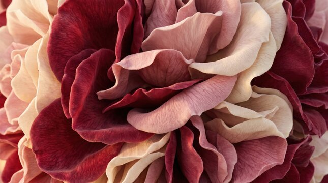 Macro close-up of overlapping velvet flower petals in shades of deep burgundy, dusty rose, and cream, creating a dense, layered floral texture with soft shadows and organic curves