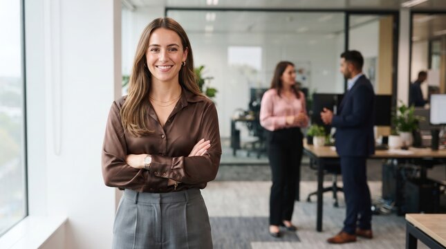 Confident young businesswoman standing in a modern office with colleagues in the blurred background looking at the camera