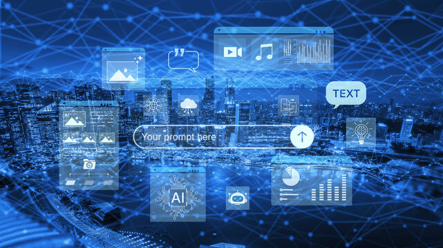Prompt driven AI interface enabling text, image vision, audio and media video data neural asset and tool in smart creation chat workspace edit. Future NLP AI native visual reasoning omni model. Corpus