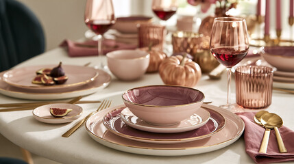 Plakat Elegant autumn table setting featuring pink and burgundy dinnerware, gold cutlery, wine glasses, and decorative pumpkins