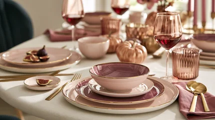 Elegant autumn table setting featuring pink and burgundy dinnerware, gold cutlery, wine glasses, and decorative pumpkins © Studio ANNA