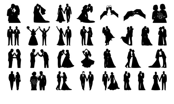 Romantic wedding couple black silhouette collection featuring dancing embracing toasting and joyful newlywed poses for invitation designs