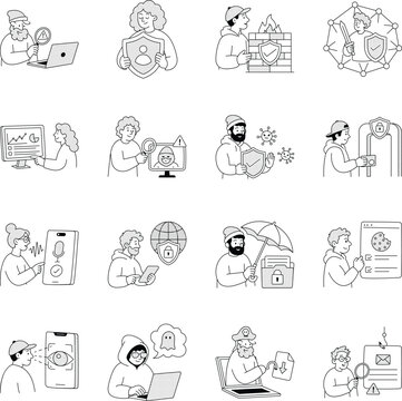 Cybersecurity illustration set covering threat detection, identity protection, firewall defense, secure access, privacy, biometric login, and phishing protection. 