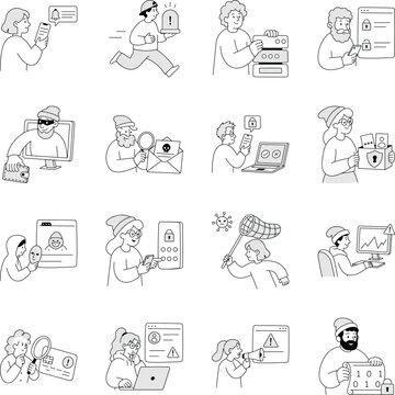 Cybersecurity illustration set featuring OTP verification, incident response, encrypted storage, account activity, fraud alerts, and credential security. 