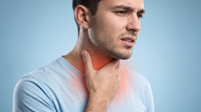 Man touching painful neck with red throat inflammation