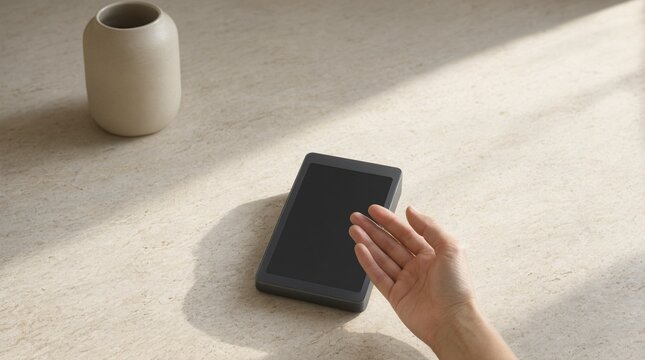 A human hand interacts with a minimalist electronic tablet on a stone surface.