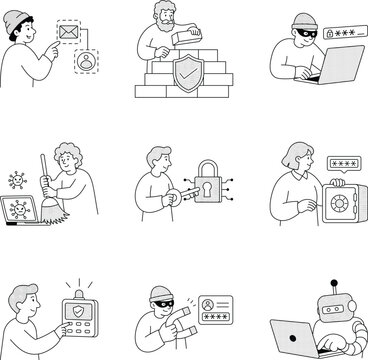 Cybersecurity illustration set covering segmentation, firewall setup, digital footprints, malware cleanup, password security, automated attacks, and device tracking 