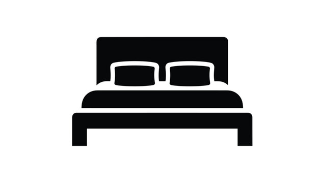Minimalist black bed icon with two soft pillows showing home furniture bedroom design and lodging comfort.