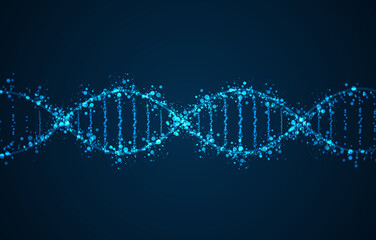 Abstract digital representation of a glowing blue DNA double helix molecule composed of particles...