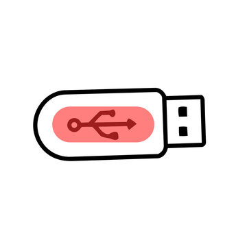 Simple hand-drawn doodle style illustration of a usb flash drive with red accent on transparent background