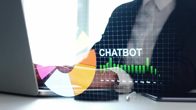 A person is working on a laptop with charts and data on the screen. The focus is on chatbot technology and its application in business. The setting appears to be a modern office.