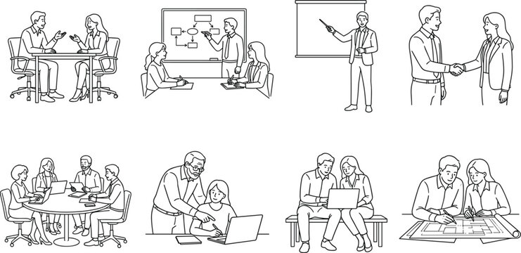 Teamwork and Collaboration Vector Illustrations Showing Office Meetings, Presentations, and Professional Communication