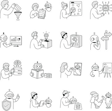 Linear ai concepts covering data extraction, machine learning, recognition, processors, analytics, intelligence, training, security, and digital assistants.