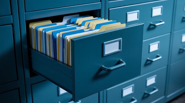 A Close Up Photograph Of An Open Metal Filing Cabinet Drawer Filled With Organized Paper Folders In An Office