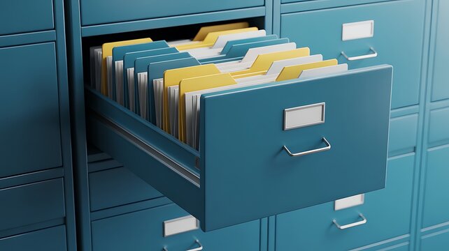 Open Blue Filing Cabinet Drawer Filled With Organized Paper Folders for Office Records and Document Management