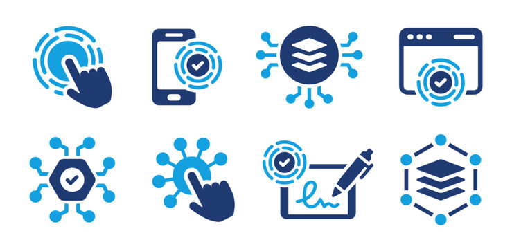Digital Platform and Technology Interaction Icon Set with Mobile Authentication, Identity Verification, Secure Access and Connected Online Services