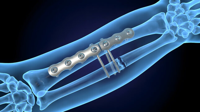 Medical 3D rendering of forearm bone fracture fixation using a surgical metal plate and bone screws, detailed orthopedic internal osteosynthesi procedure illustration on a dark blue digital background