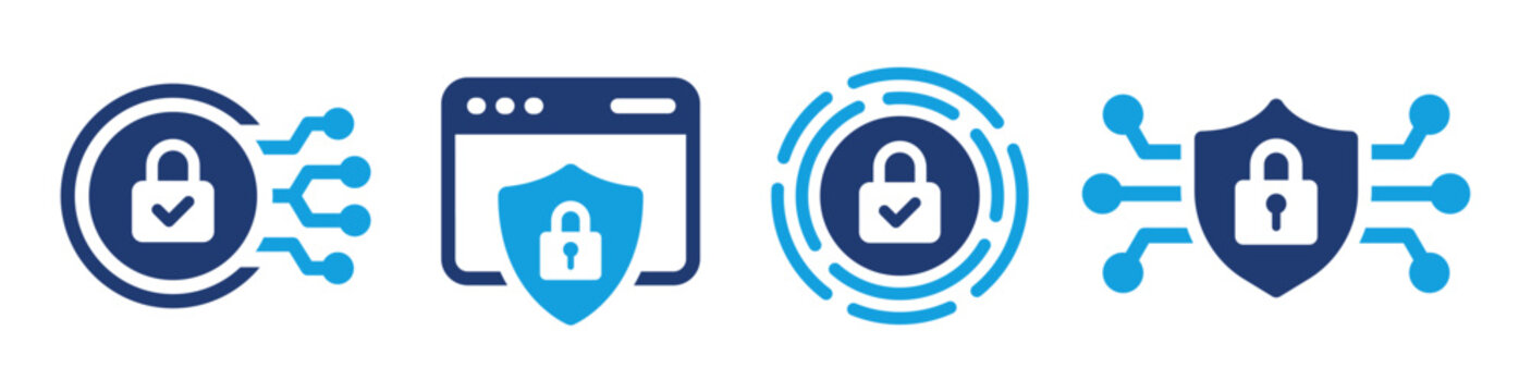 Digital Security and Cybersecurity Protection Icons Set with Padlock, Shield, Secure Network, Data Privacy and Online Security Symbols