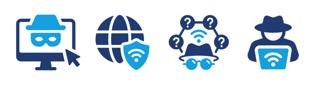Anonymous Hacker and Cybersecurity Icon Set. Online Privacy, Identity Theft, Data Protection, WiFi Security and Digital Internet Security Vector Solid Collection