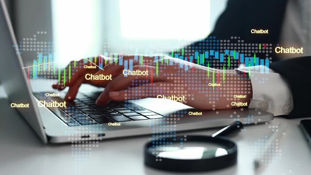 A person is typing on a laptop while various chatbot graphics and data visualizations appear on the screen. This takes place in an office during daytime hours.