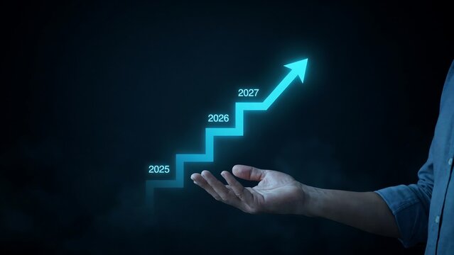 Business growth concept with rising arrow and hand presenting future progress