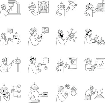 Linear ai  illustrations covering healthcare, networks, autonomous robots, sensors, cloud monitoring, planning, algorithms, neural operations, and data extraction.