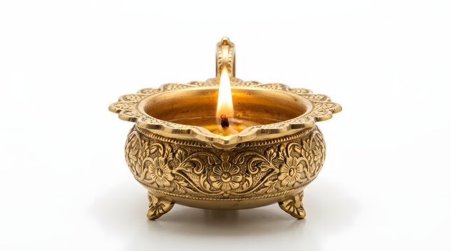 Traditional brass diya oil lamp with intricate floral engravings, glowing flame, isolated on white background