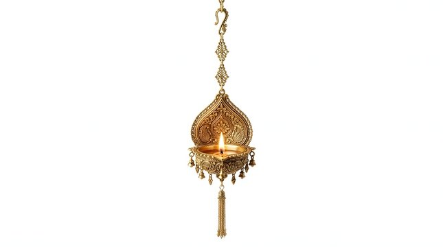 Ornate hanging brass diya lamp with intricate carvings and small bells isolated on white background