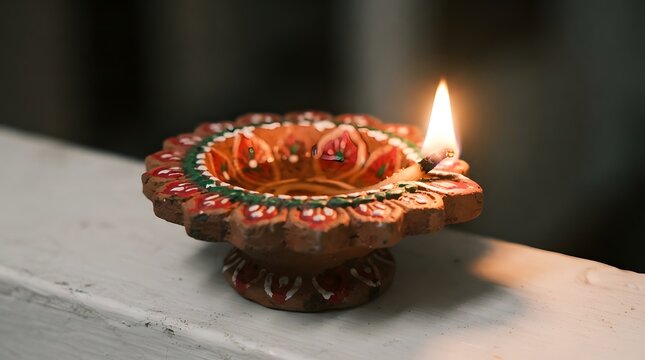 Traditional clay diya lamp with colorful handpainted floral patterns and a glowing flame, placed on a wooden surface for diwali festival celebration