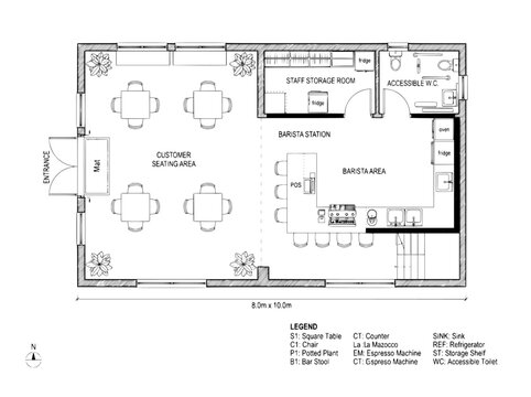 Architectural floor plan of a modern cafe, technical blueprint of coffee shop interior layout, restaurant seating and barista area design