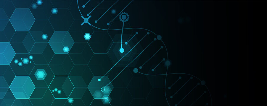 Abstract scientific illustration depicting a DNA double helix structure with hexagonal geometric patterns and glowing blue nodes