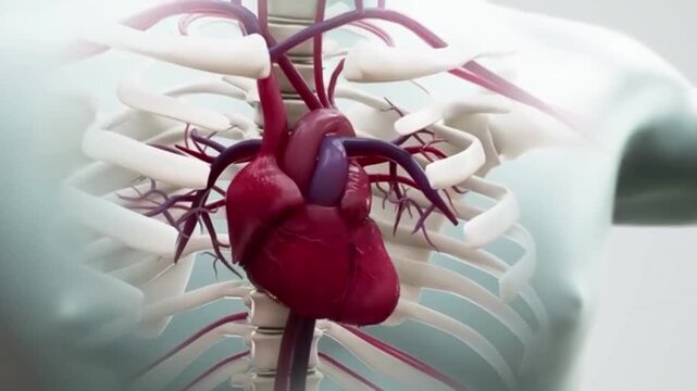 A complete anatomical structure of the human heart, including the vascular system and the rib cage.