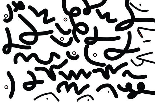 Abstract hand drawn digital illustration featuring chaotic black squiggly lines and small dots scattered across a plain white background for creative design
