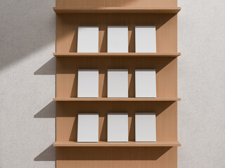 Wooden bookshelf with blank white magazine display mockup © impro-studio