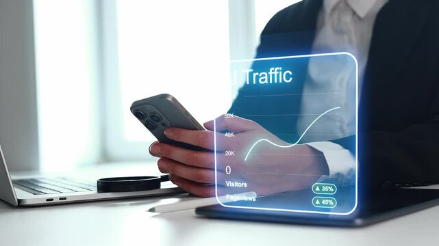 A person reviews website traffic data on a smartphone while seated at a desk with a laptop. The office has bright lighting and a clean design. This happens during the day.