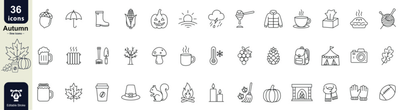 Autumn Editable stroke icon set. featuring pumpkins, leaves, umbrellas, sweaters, mushrooms, coffee, candles Editable stroke