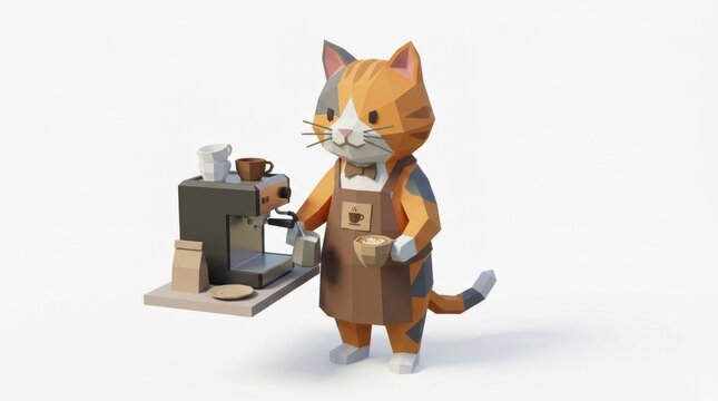 Low poly cat barista making coffee with espresso machine 3D render