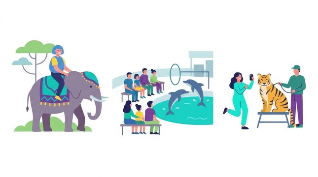 Flat illustration of people interacting with animals at a zoo